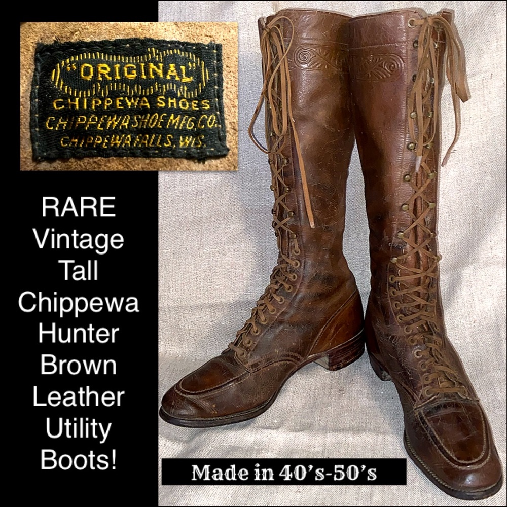 Vtg Chippewa Hunter Brown Leather Utility Boots!